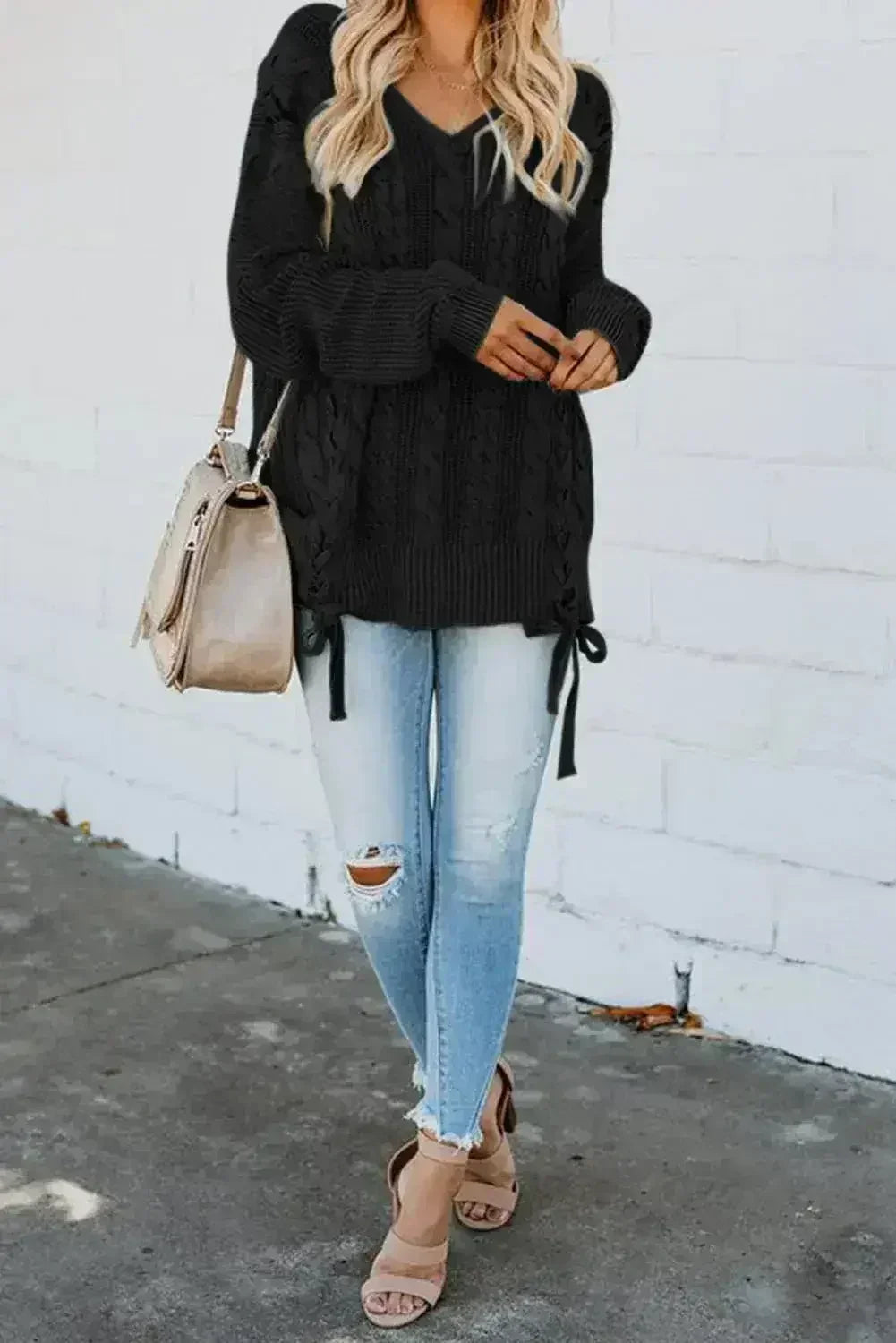 Black Love Letters Lace Up Cable Knit Sweater - Femstylo