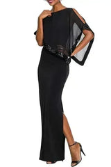 Black Sequin Mesh Overlay Poncho Maxi Party Dress - Femstylo