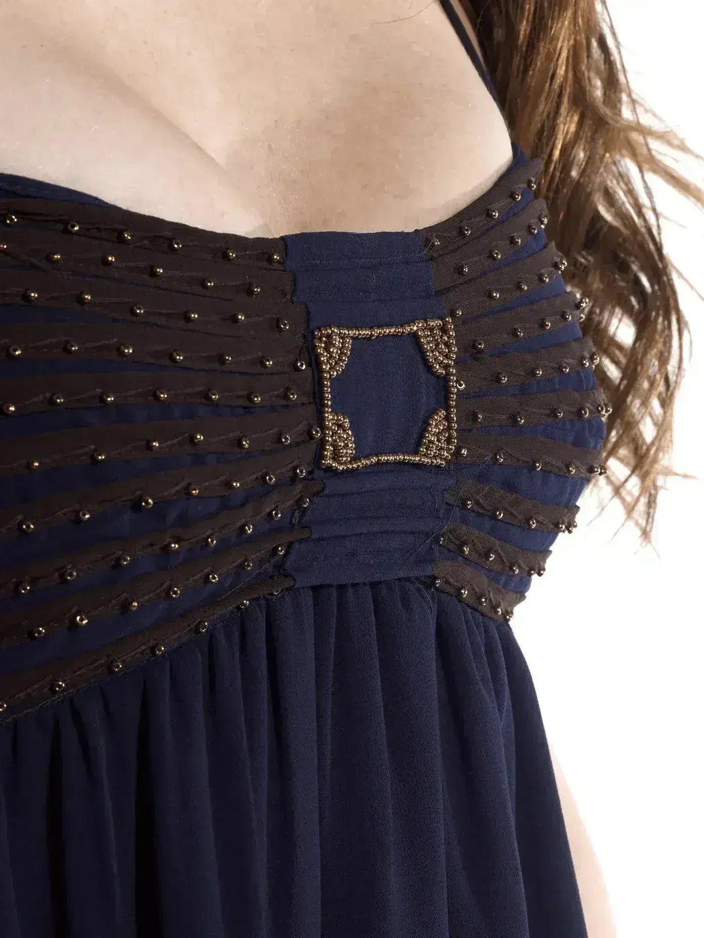 Blue Flowy Dress with Gold Embellishments - Femstylo