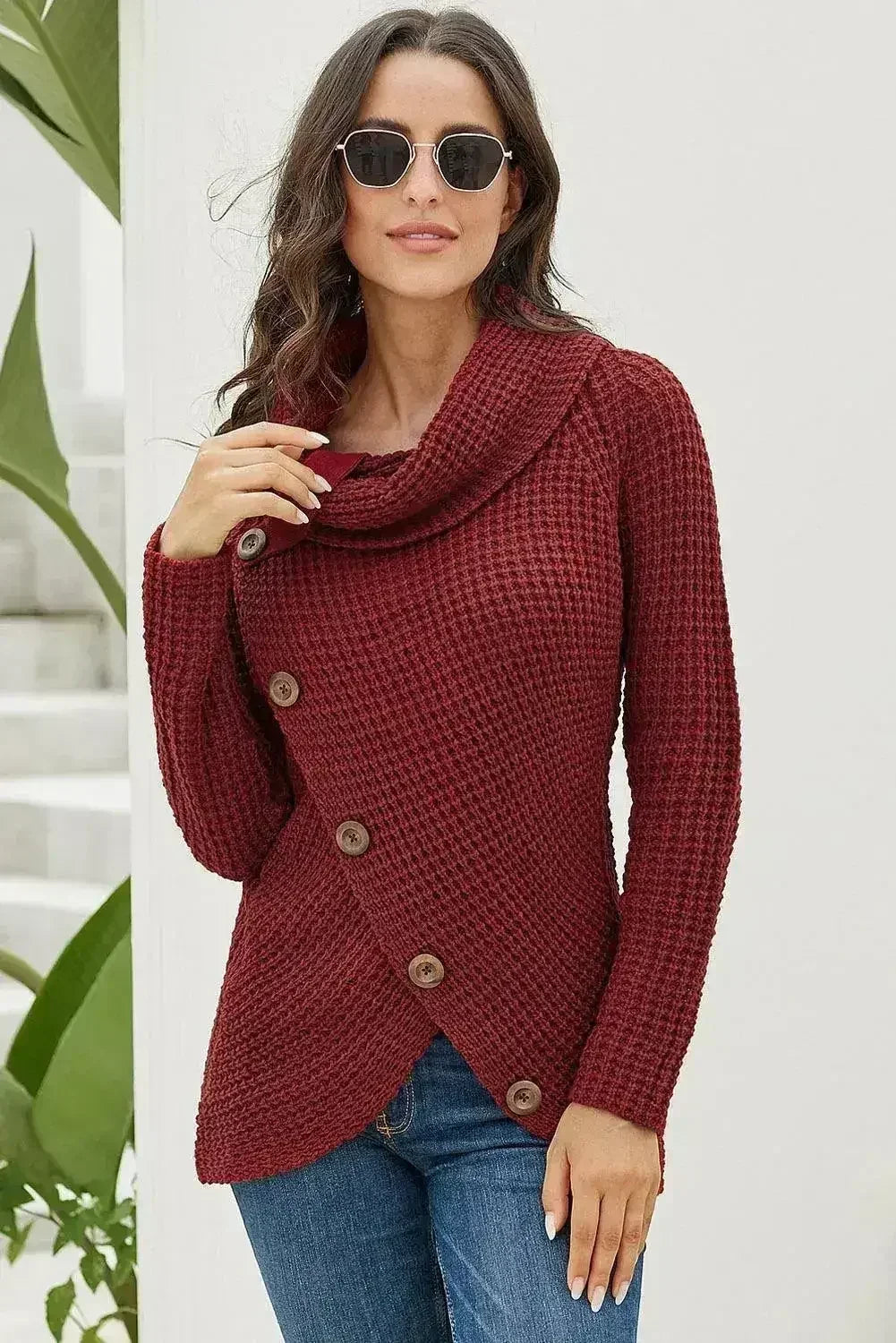 Burgundy Buttoned Wrap Turtleneck Sweater - Femstylo