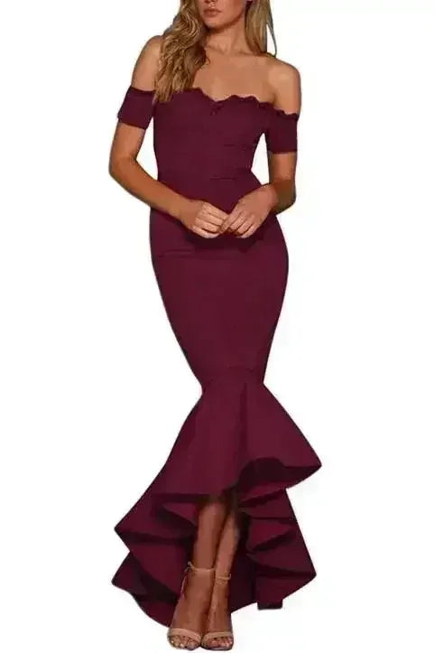 Burgundy Lace Trim Off Shoulder Fishtail Party Dress - Femstylo
