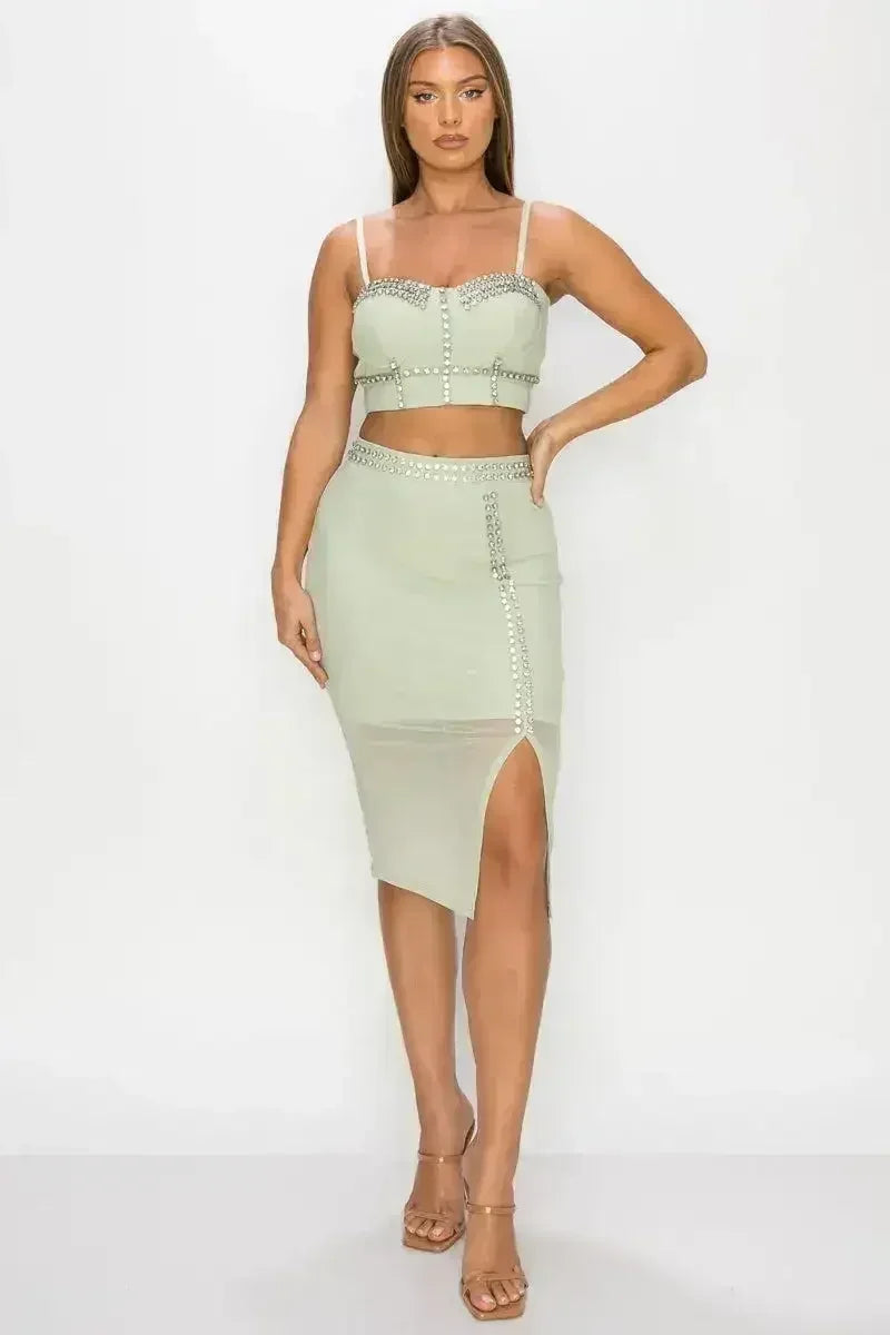Studded Stone Cami Top & Slit Mini Skirts Set - Femstylo