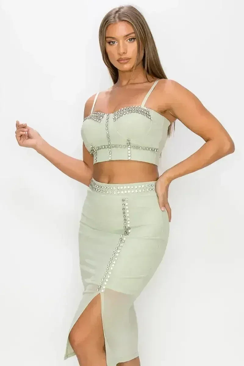 Studded Stone Cami Top & Slit Mini Skirts Set - Femstylo