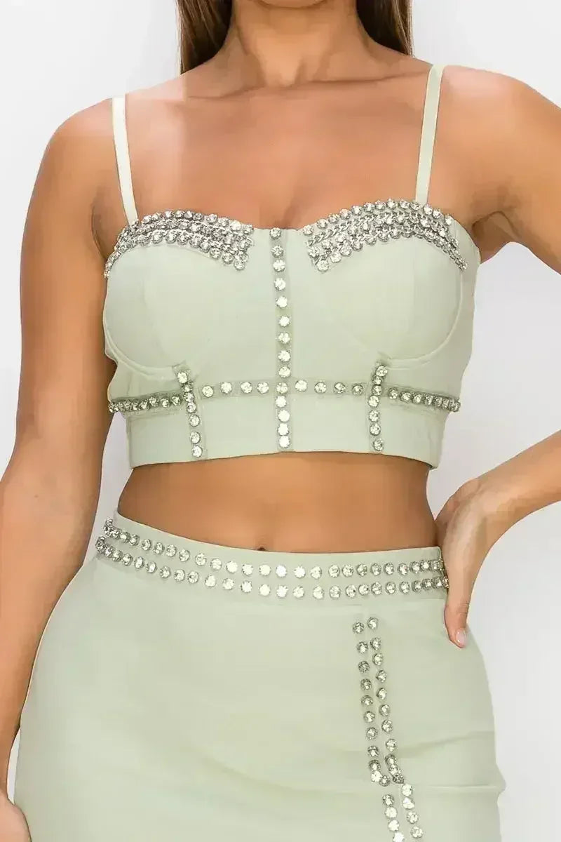 Studded Stone Cami Top & Slit Mini Skirts Set - Femstylo