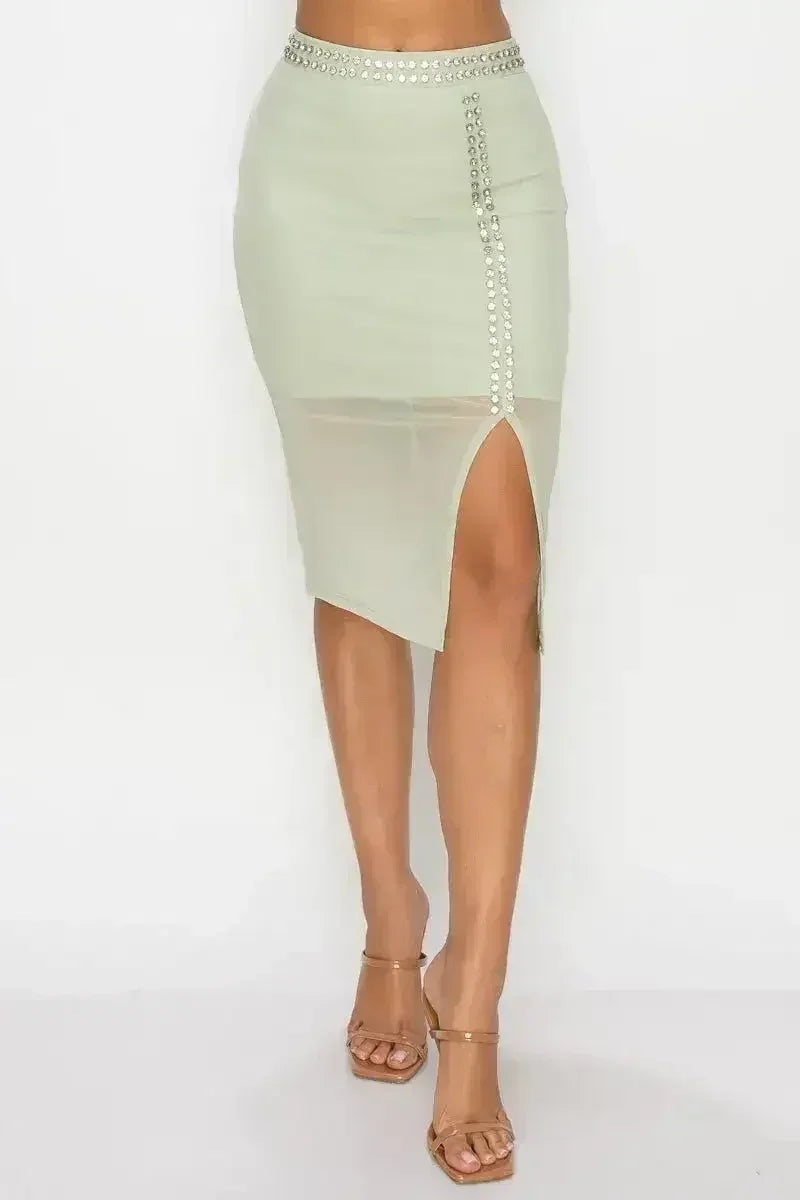 Studded Stone Cami Top & Slit Mini Skirts Set - Femstylo