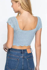 Short Sleeve V-neck Front Knot Detail Sweater Knit Crop Top - Femstylo