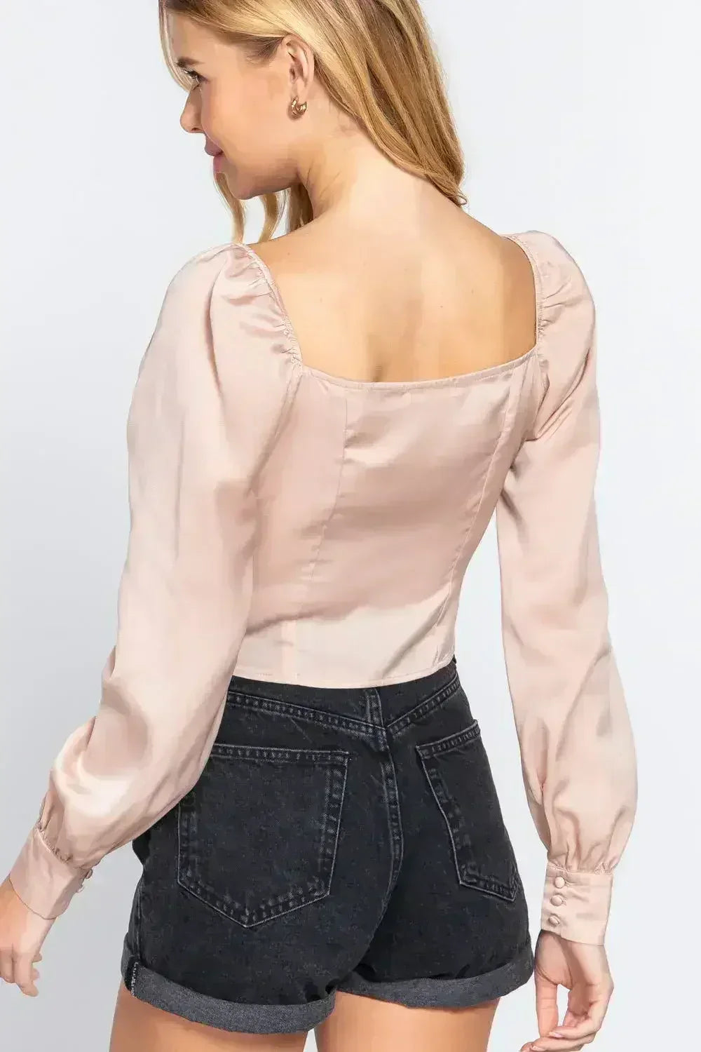 Long Sleeve Sweetheart Neck Front Ribbon Tie Woven Top | Femstylo - Femstylo