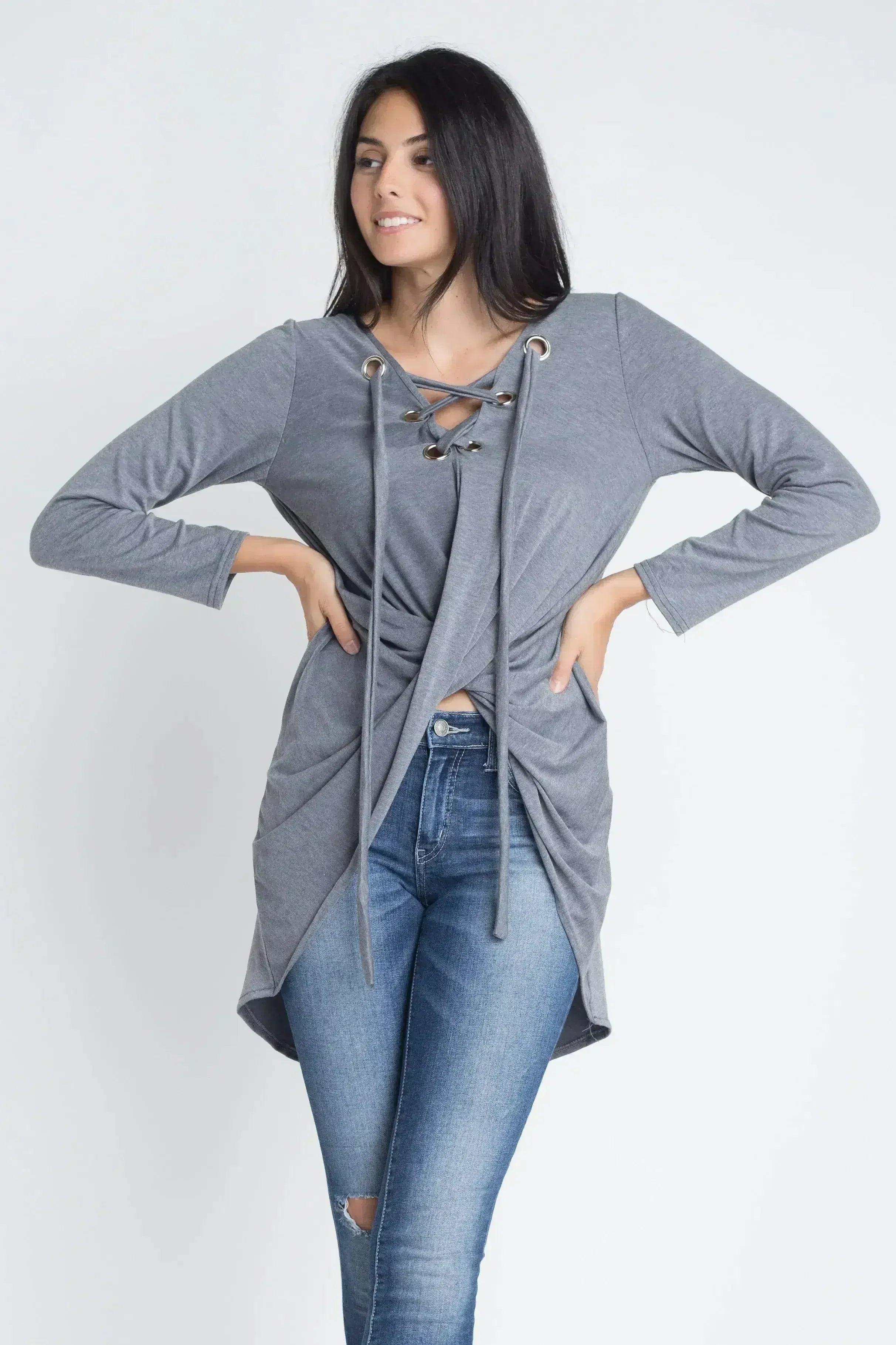Women's Lace Up Wrap Long Sleeve Top - Femstylo