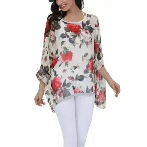 Rose Floral Chiffon Top - Boho Summer Loose Blouse | Femstylo - Femstylo