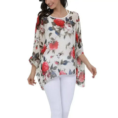 Rose Floral Chiffon Top - Boho Summer Loose Blouse | Femstylo - Femstylo