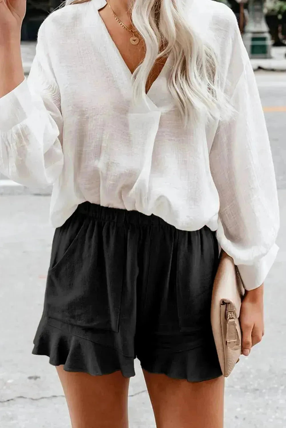 Casual Pocketed Flutter Black Linen Cotton Shorts