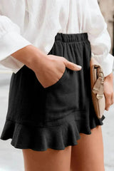 Casual Pocketed Flutter Black Linen Cotton Shorts