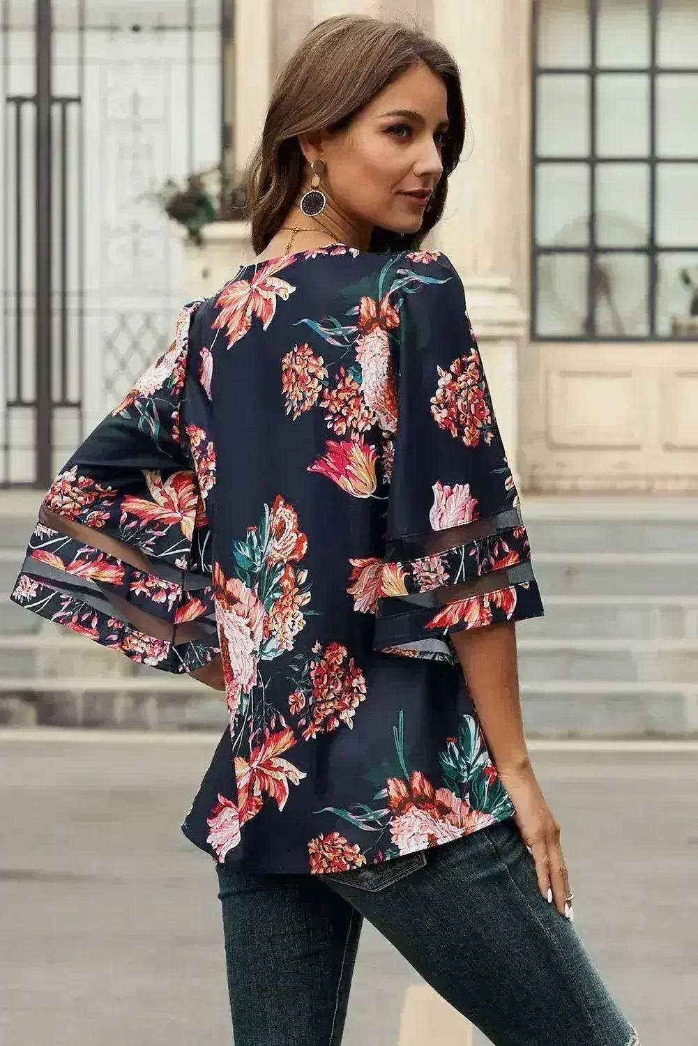 Chic Red 3/4 Flared Sleeve Floral Chiffon Blouse | Femstylo - Femstylo
