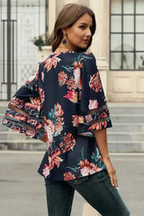 Chic Red 3/4 Flared Sleeve Floral Chiffon Blouse | Femstylo - Femstylo