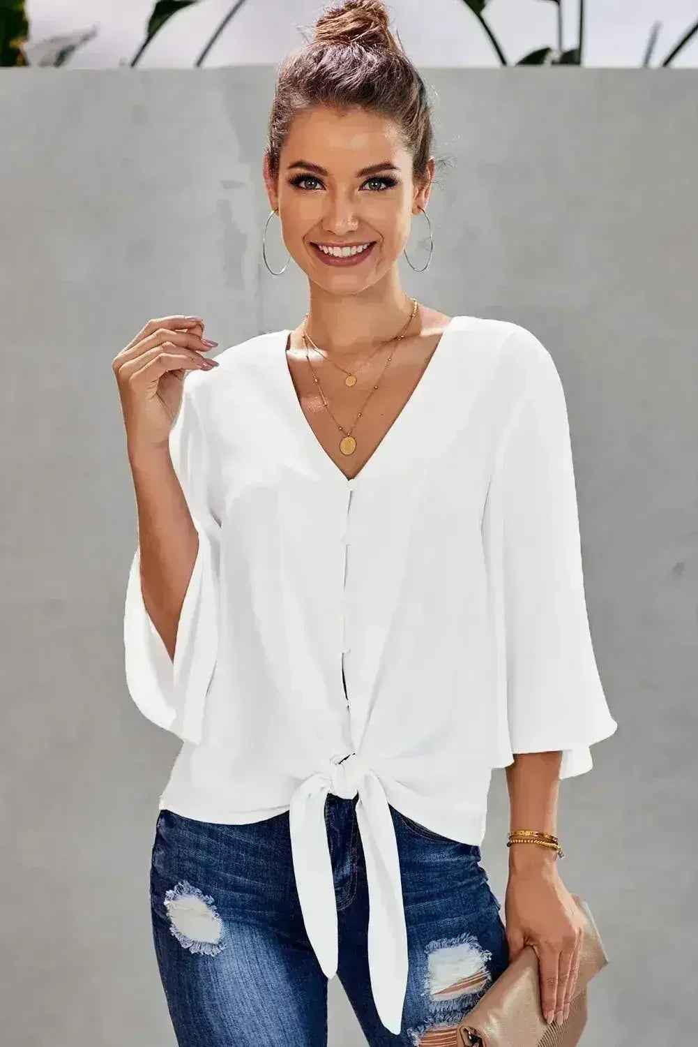 Chic White V Neck Flare Sleeve Button Tie Blouse Top | Femstylo - Femstylo