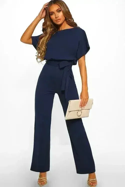 Chic Blue Oh So Glam Belted Wide Leg Jumpsuit - Femstylo