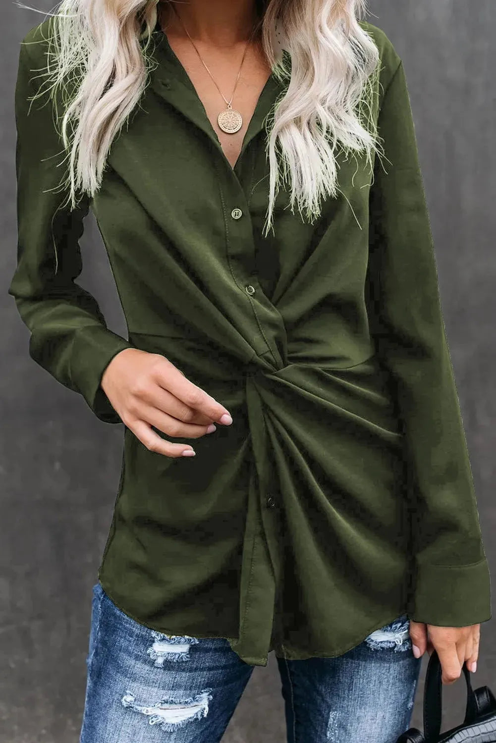 Classic Styles Green Button Down Twist Blouse - Femstylo