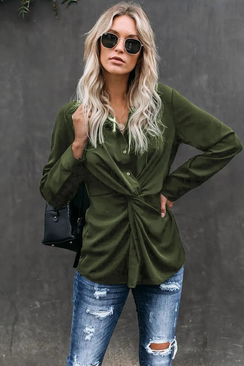 Classic Styles Green Button Down Twist Blouse - Femstylo