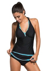 Contrast Blue Trim Black Halter Tankini Skort Swimsuit - Femstylo