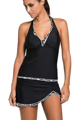 Contrast White Trim Black Halter Tankini Skort Swimsuit - Femstylo