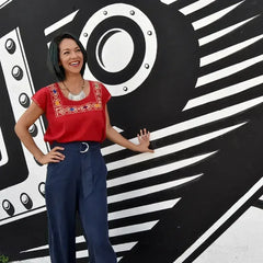 Red Blouse Huipil with Colorful Hand Stitched on - Femstylo