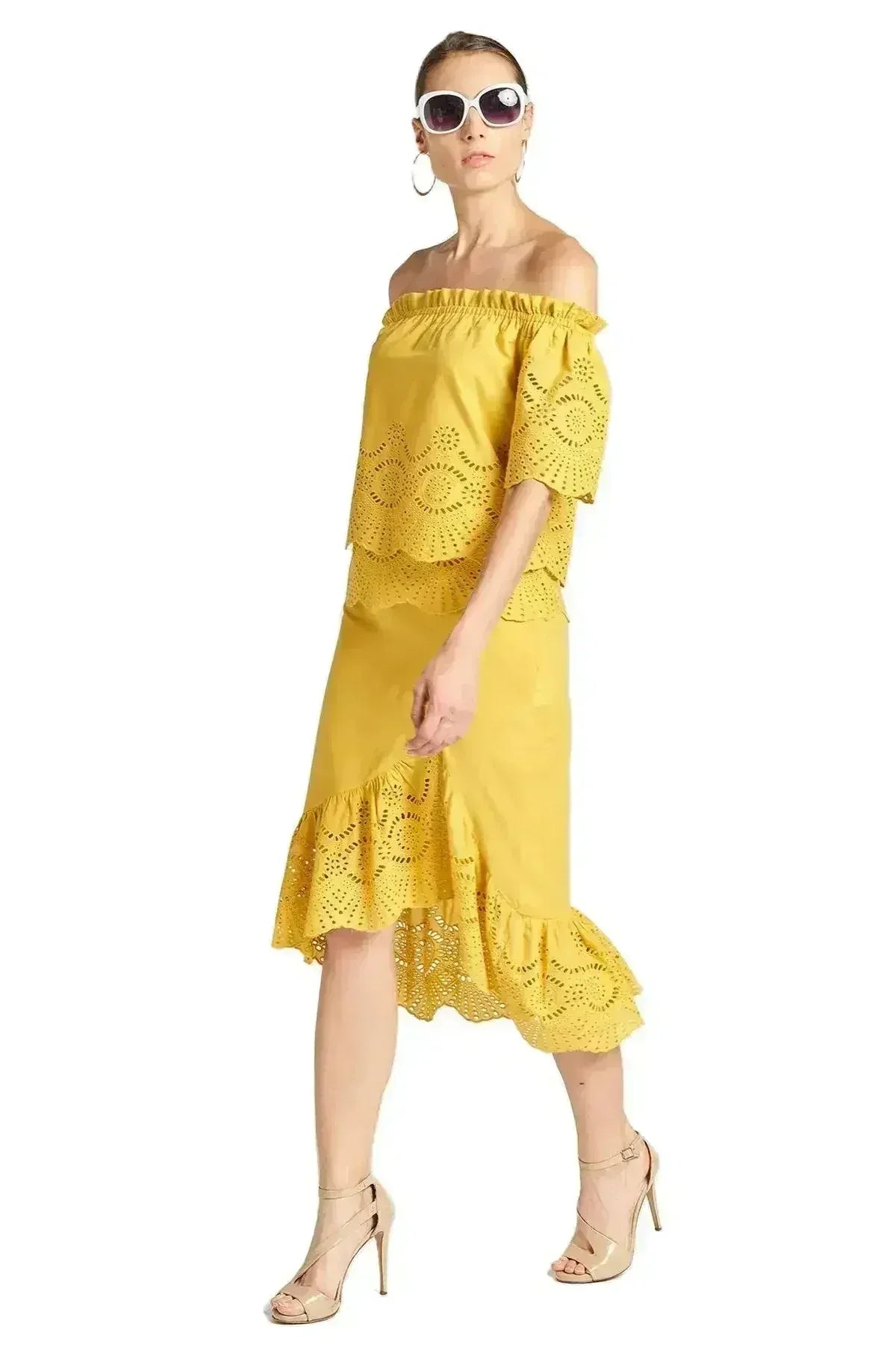 Aster Skirt - Cotton eyelet asymmetric hi-lo skirt marigold - Femstylo
