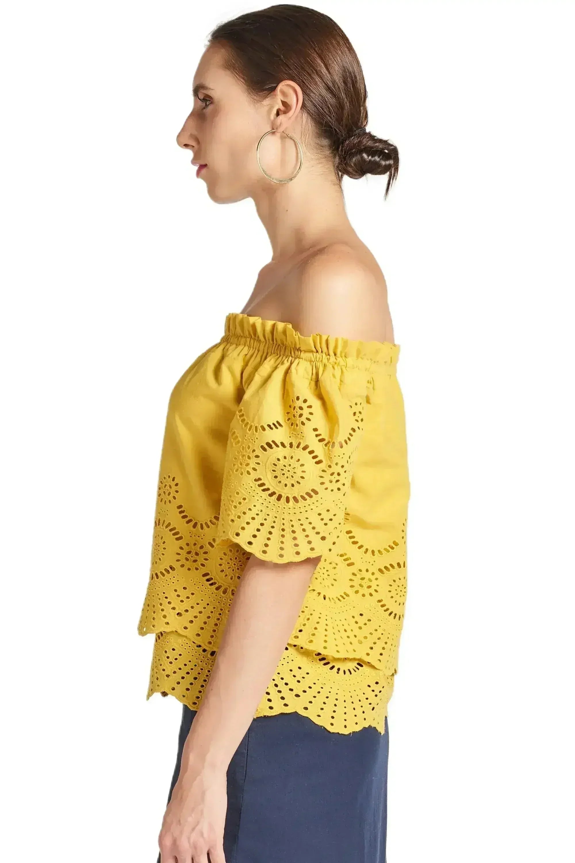 Marigold Daisy Top - Double layer off the shoulder cotton eyelet top - Femstylo
