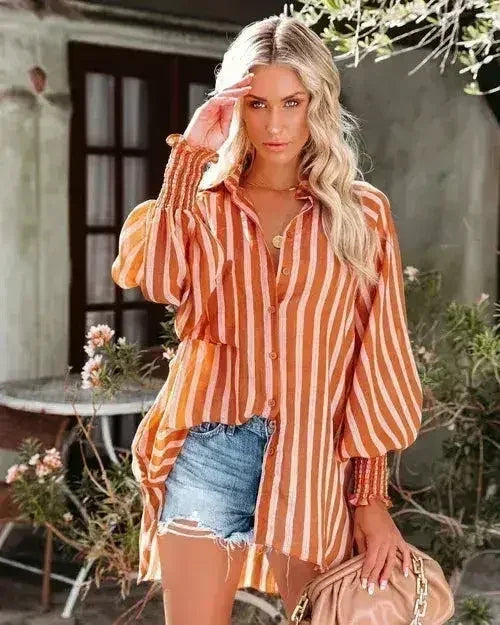 Spring And Autumn New Lapel Shirts Thin Mid Length Striped Casual Long - Femstylo