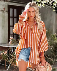 Spring And Autumn New Lapel Shirts Thin Mid Length Striped Casual Long - Femstylo