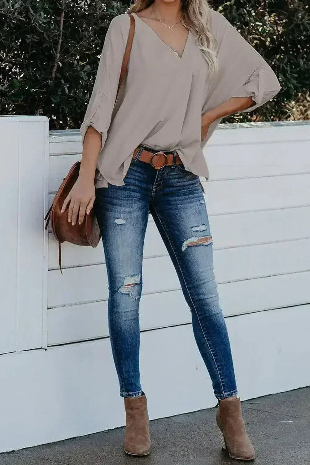 Elegant Apricot V Neck 3/4 Sleeve High Low Hem Shirt - Femstylo