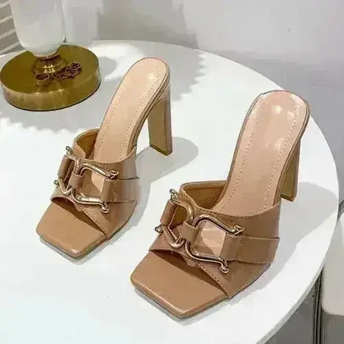 Summer New High-Heeled Women's Shoes Square Head Square Flat With Meta - Femstylo