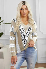 Fashion Khaki Animal Print Accent V Neck Sweater - Femstylo