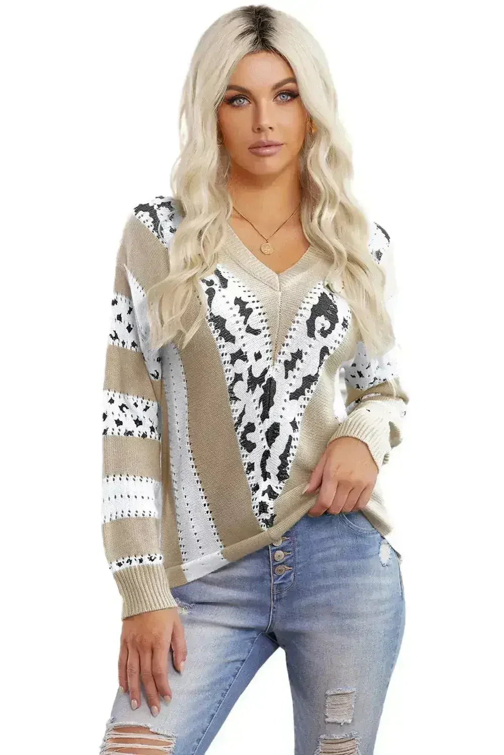 Fashion Khaki Animal Print Accent V Neck Sweater - Femstylo