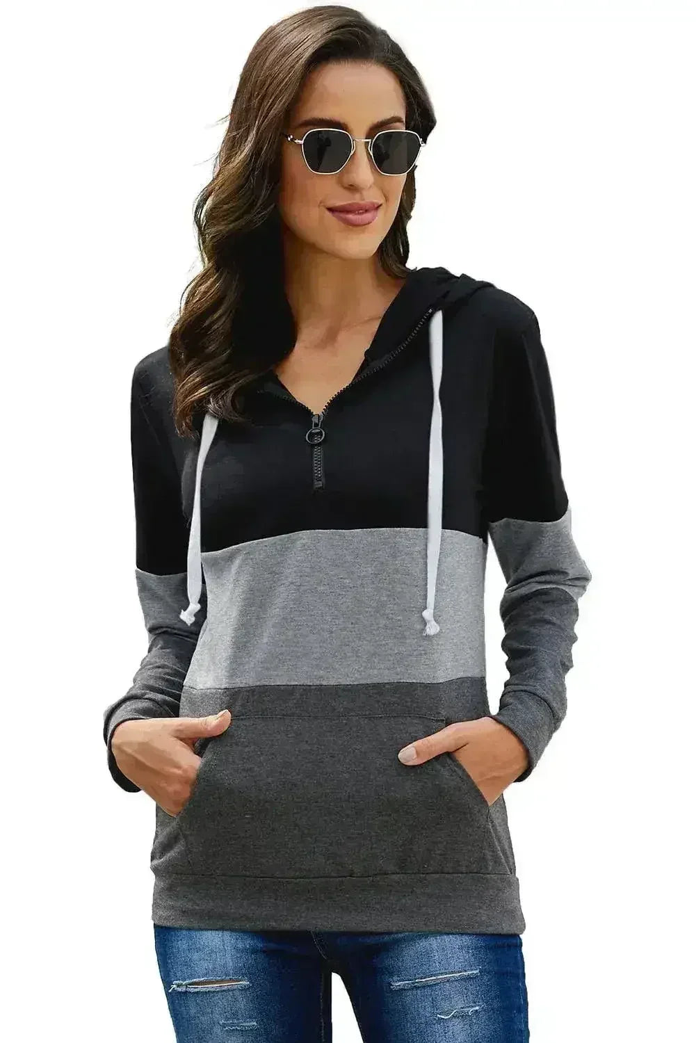 Fashion Black Color Block Zipped Neck Hoodie - Femstylo