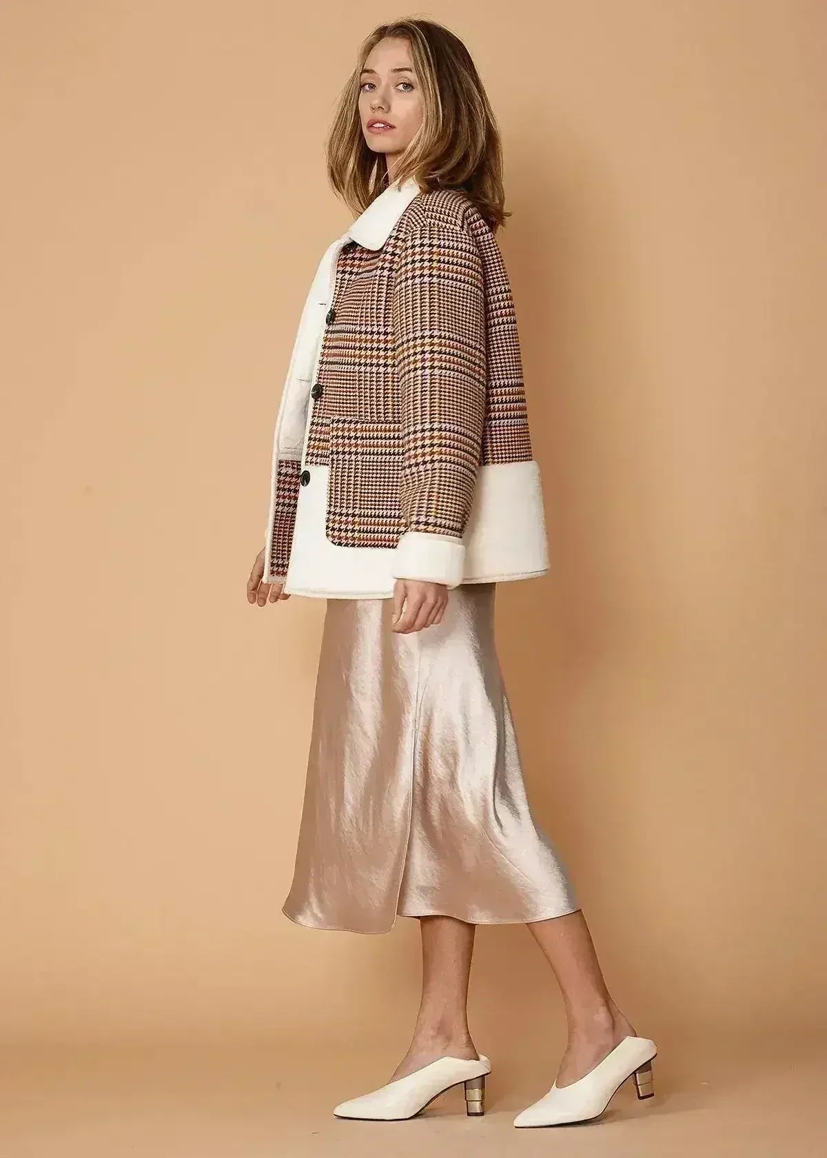 Women's Plaid Fur Jacket in Rust Houndstooth - Femstylo