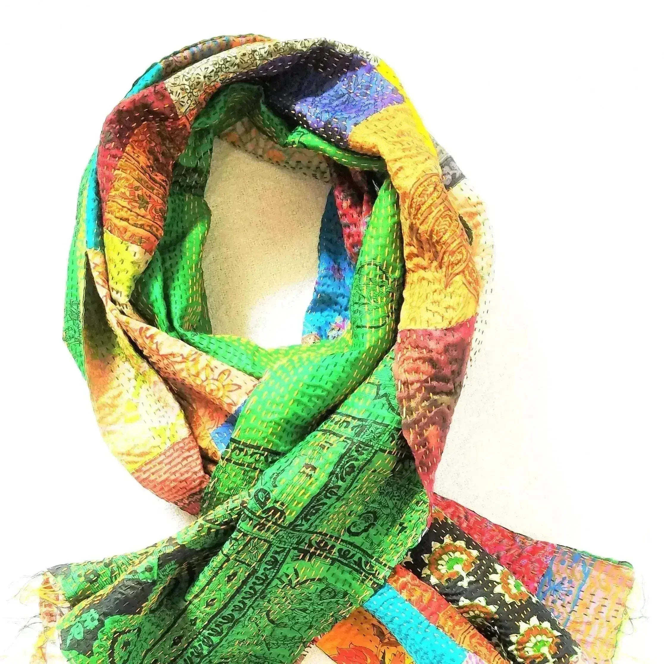 Vintage Silk Saree Kantha throw - Hand Stitched Upcycled - Femstylo