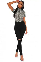 Gray Snake Print Mock Neck Short Sleeves Bodysuit - Femstylo