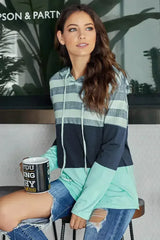Green Speak to Me Color Block Drawstring Hoodie - Femstylo