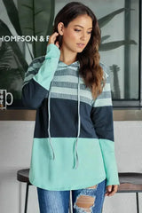 Green Speak to Me Color Block Drawstring Hoodie - Femstylo