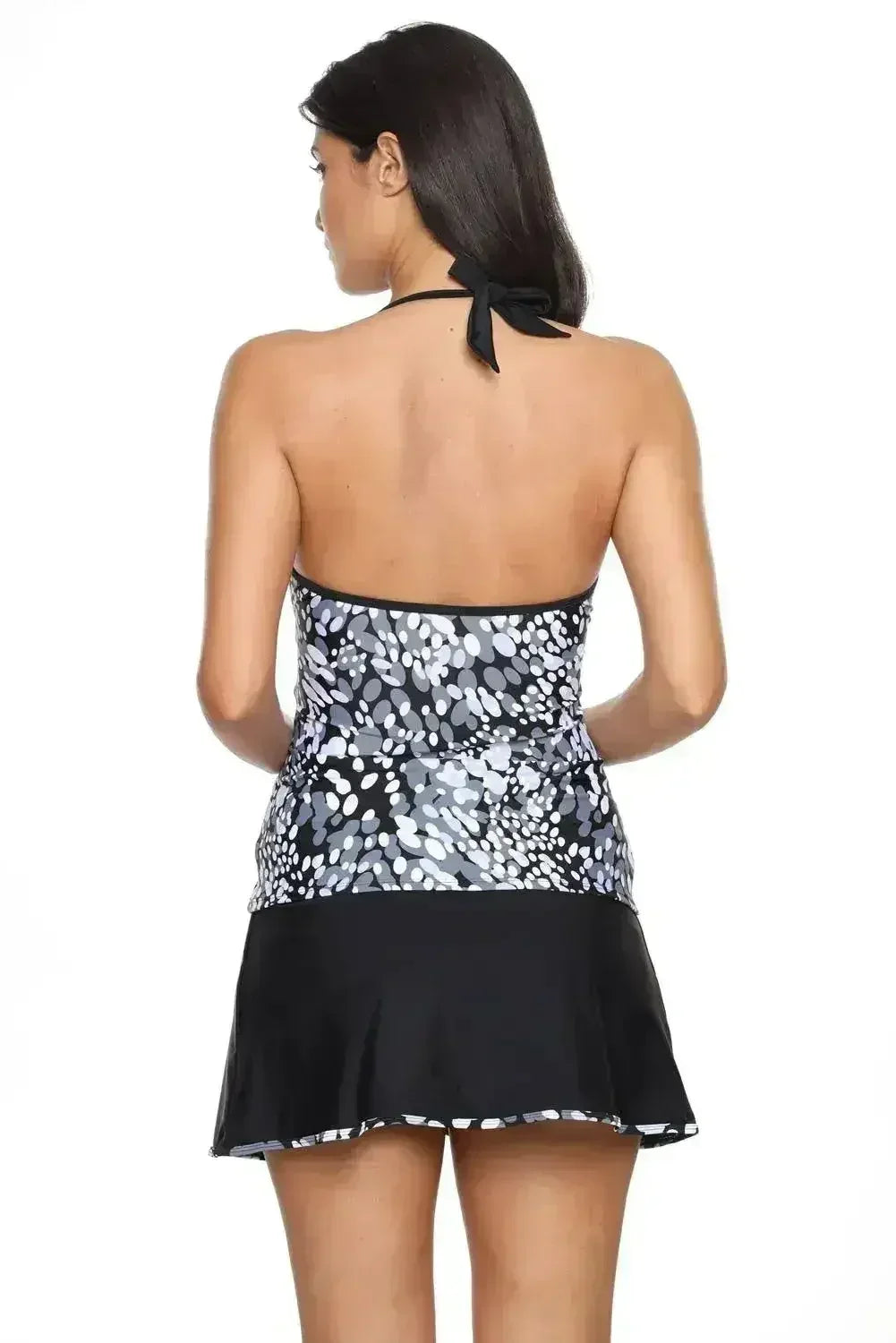 Grey White Spots Halter Tankini Wrapped Skirt Swimsuit - Femstylo