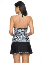 Grey White Spots Halter Tankini Wrapped Skirt Swimsuit - Femstylo