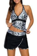 Grey White Spots Halter Tankini Wrapped Skirt Swimsuit - Femstylo