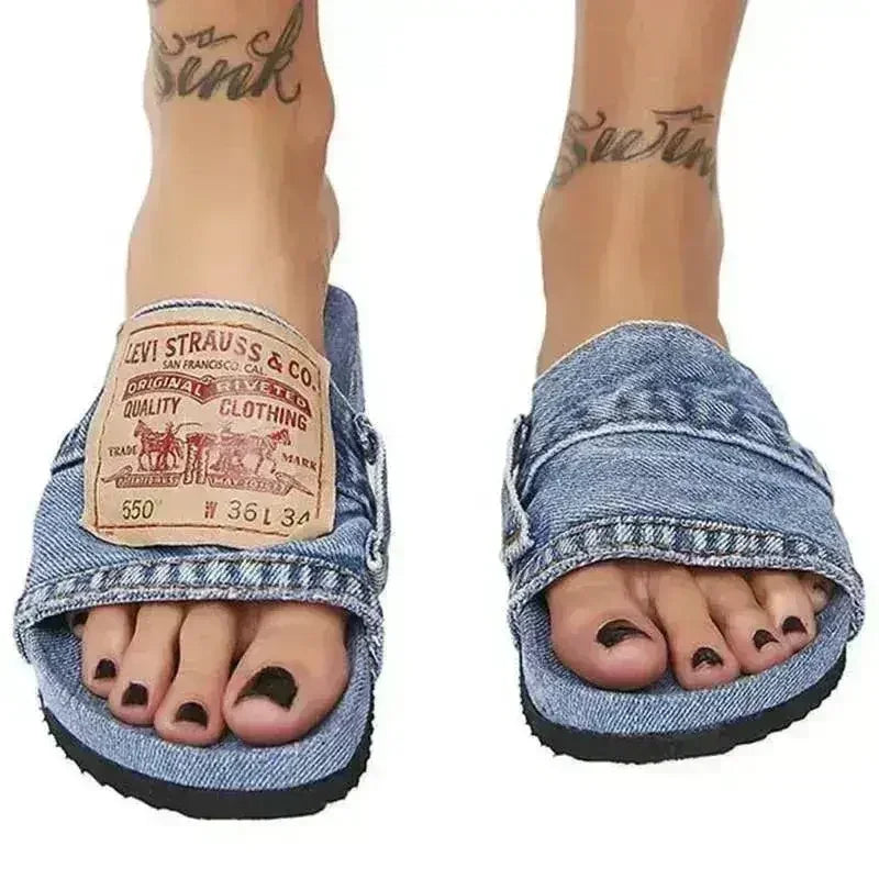 Denim Women's Cool Round Head Flat Slides Blue/Black - Femstylo