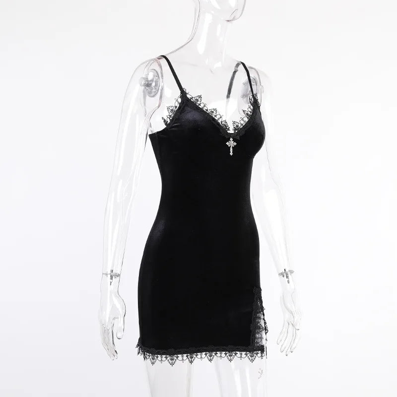 Goth Cross Mini Dress | Vintage Black Spaghetti Strap Dress -femstylo