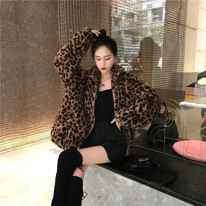 Winter Leopard Print Jacket Women's Stand collar Warm Parkas Outwear - Femstylo