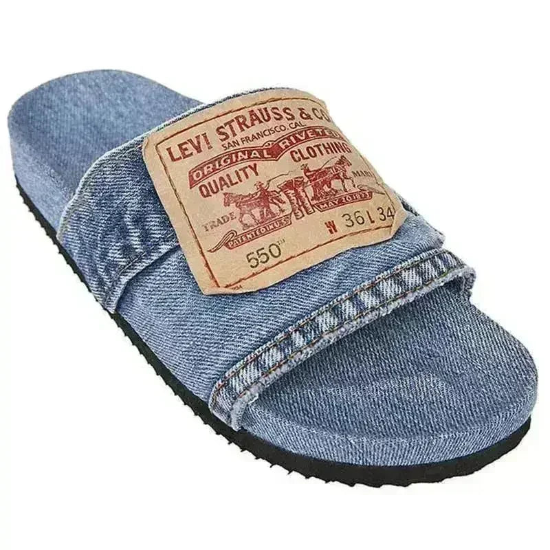 Denim Women's Cool Round Head Flat Slides Blue/Black - Femstylo