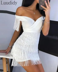 White Fringe Celebrity Evening Runway Party Dress Women Sexy Tassels Short Sleeve Club Dress Vestidos