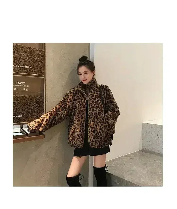 Winter Leopard Print Jacket Women's Stand collar Warm Parkas Outwear - Femstylo