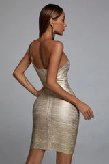 High Quality Celebrity One Shoulder Foiling Gold Print Rayon Bandage Dress Elegant Club Party Dress Vestidos