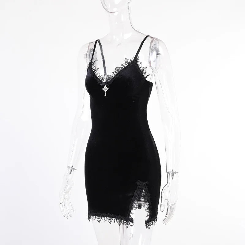 Goth Cross Mini Dress | Vintage Black Spaghetti Strap Dress -femstylo